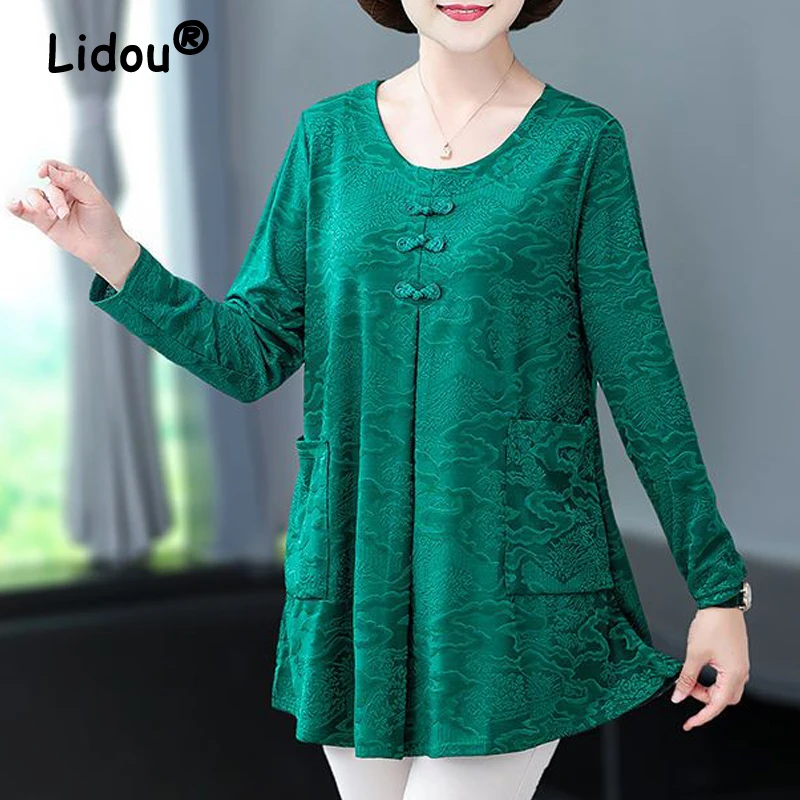 Middle Aged Women Chinese Style 3D Textured Vintage Elegant T Shirt Spring Autumn Fashion O Neck Long Sleeve Pullover Tunic Tops