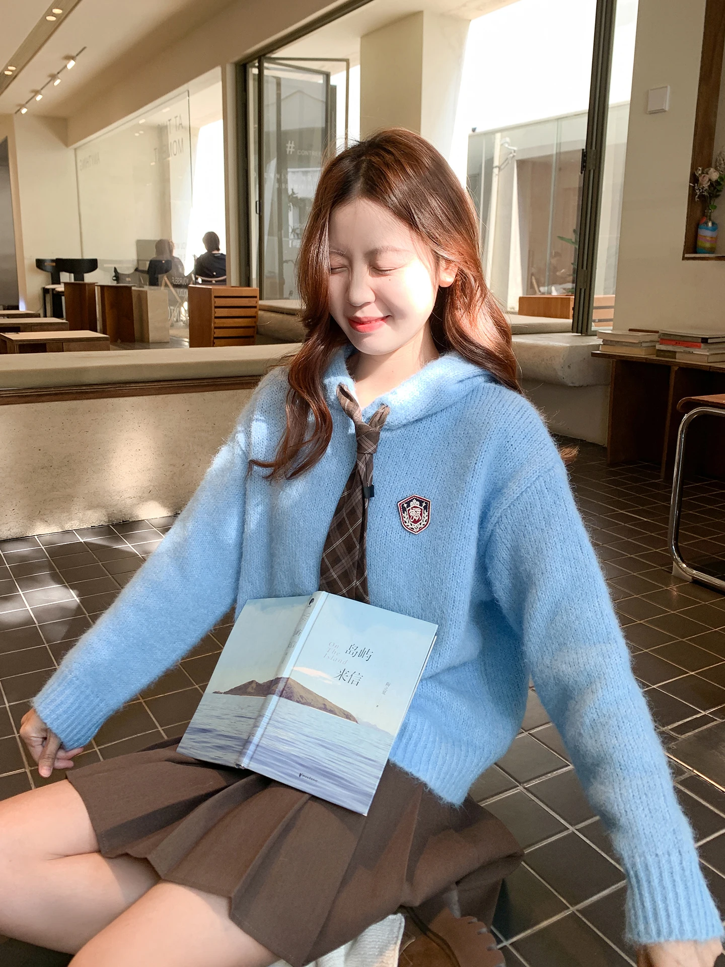 

Свободный синий свитер-худи из трикотажа для женщин, осенне-зимняя новинка, повседневный мягкий длинный теплый топ в студенческом стиле