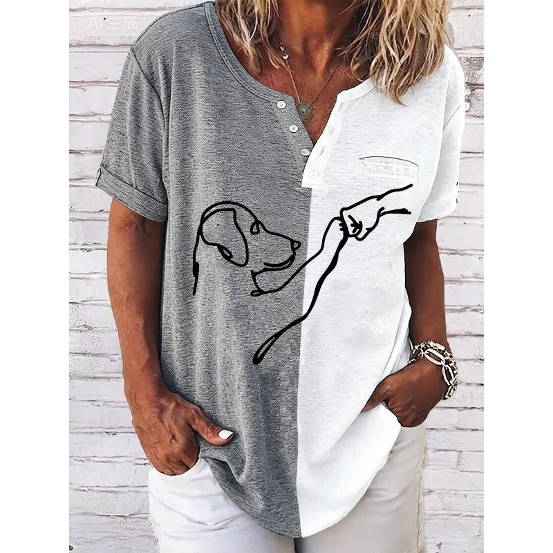 ilstile Women's Dog Fist Bump Print T-Shirts Summer Short Sleeve Casual Loose T Shirt V Neck Tops Tees Hot Sale