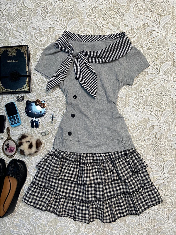 

ay Navy Collar ort Sve T-irt Women's Summer Vintage Design Waist-Cinching Korean Sle Commute Faion Cotton Blend