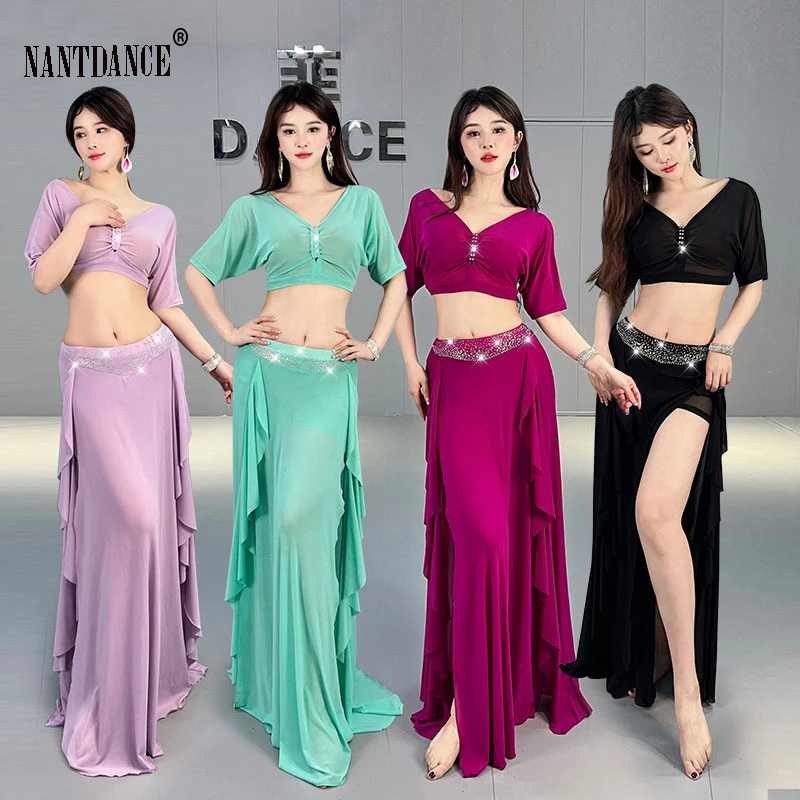 Belly Dance ชุดสลิงด้านบนปิดไหล่แขนแยกกระโปรงฝึกเสื้อผ้าผู้ใหญ่ Oriental ผู้หญิงเต้นรําเสื้อผ้า