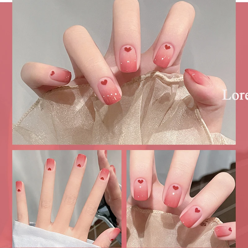 24Pcs Nude Pink Powder Blusher Style Fake Nail Tips Short Square Head False Nails Heart Gradient Wearable Finished Fake Nails