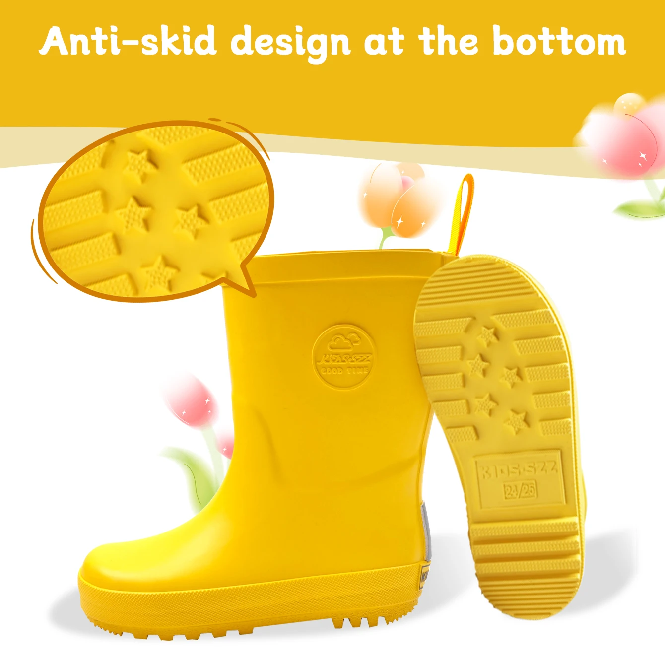 Kids\' Wear-Resistant Outdoor Yellow Rubber Rain Boots with Warm Thermal Lined - Waterproof, Anti-Slip, Lightweight,Outdoor Sport