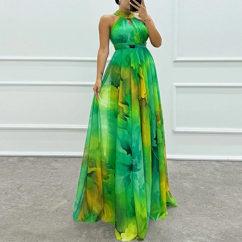 Vestido de fiesta plisado elegante de gasa con hombros descubiertos, vestido largo bohe con estampado de flores a la moda para mujer, vestidos largos acampanados para mujer