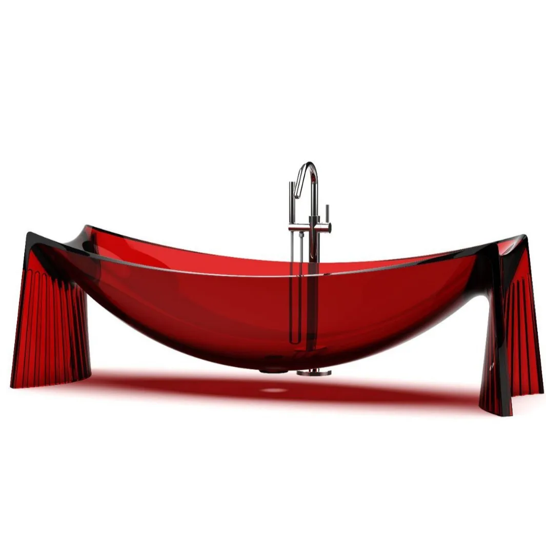 

87" Unique Design Suspension Hammock Resin Bathtub Freestanding Soaking Tub Boat Shape Burgundy Transparent A0904