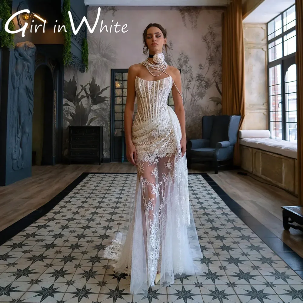 Abito da sposa di lusso senza spalline in pizzo con spalle scoperte Abito da sposa a sirena Abiti da sposa senza schienale personalizzati per cerimonia loft vintage