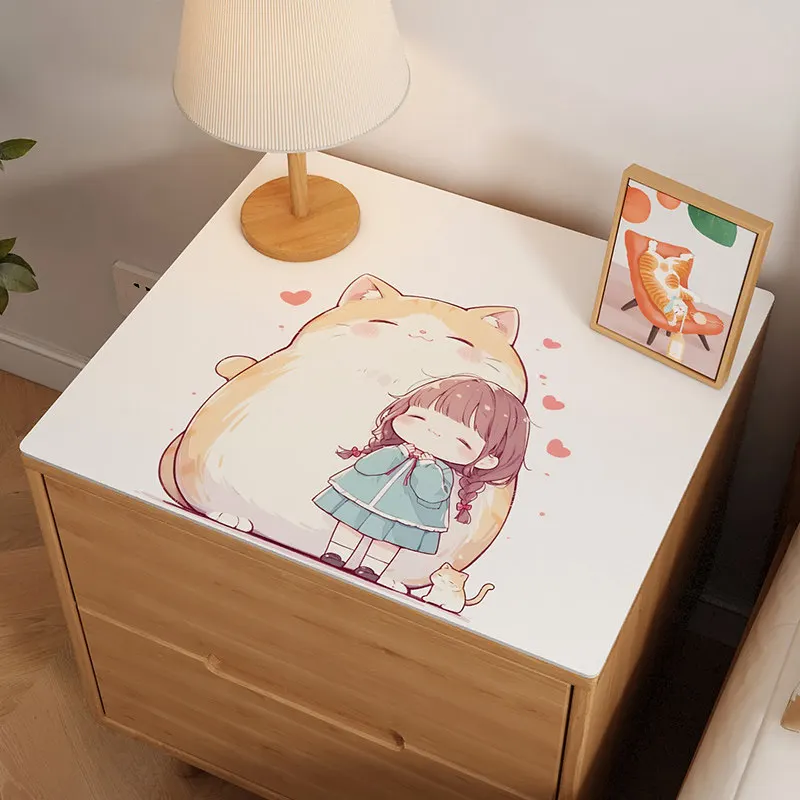VIKAMA Chubby Orange Cat Cartoon Nightstand Mat Pink Heart Print Waterproof Dustproof Pad For Dresser Cabinet Top Surface