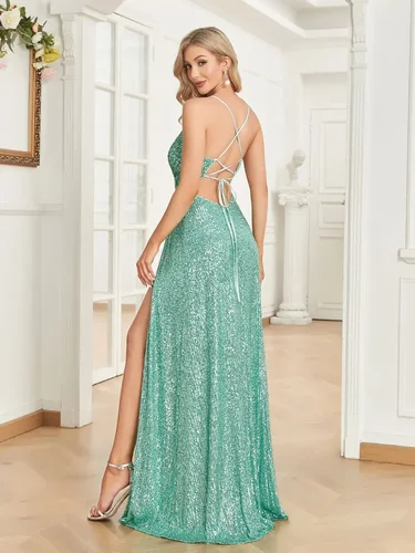 Imagen 2 del producto Vestidos de Noche elegantes formales con lentejuelas y cuello en V para mujer, vestidos largos sexys con tirantes y abertura para fiesta de graduación y cóctel, 2025