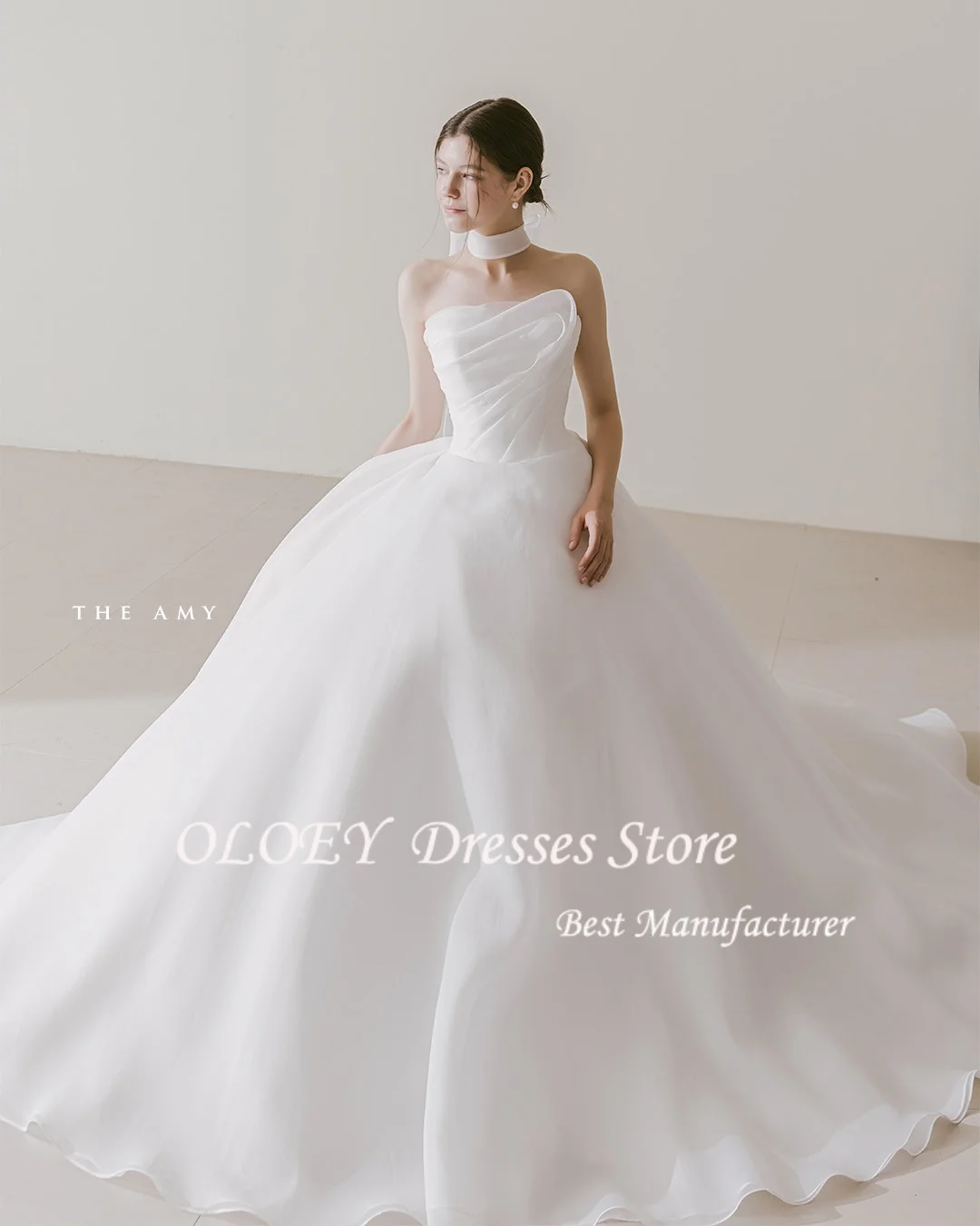 OLOEY 2026 Korea Ivory A-Line Lace-up Wedding Dresses 웨딩드레스 Customized Size Ruched Lace-up Ruched Korea Brides Gowns