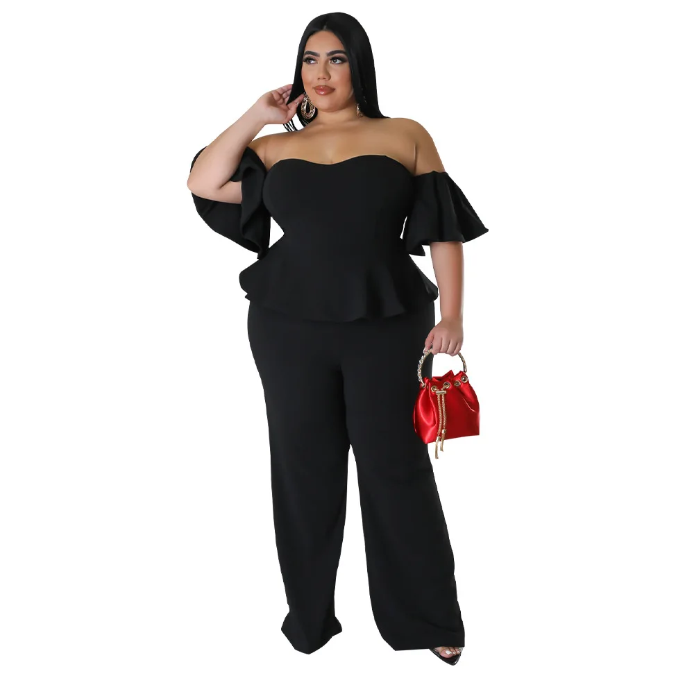 SOMO 2023 Sexy Elastic Wide Legged Pants Plus Size Jumpsuit Women Off Shoulder Ruffles Summer Romper Wholesale Dropshipping