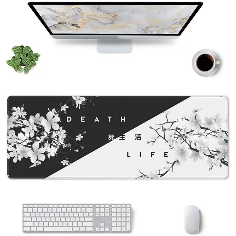 X64A-2X Black And White Cherry Blossom Gaming Mouse Pad,Large Mouse Mat Desk Pad, Stitched Edges Mousepad, 31.5 X 11.8 Inch