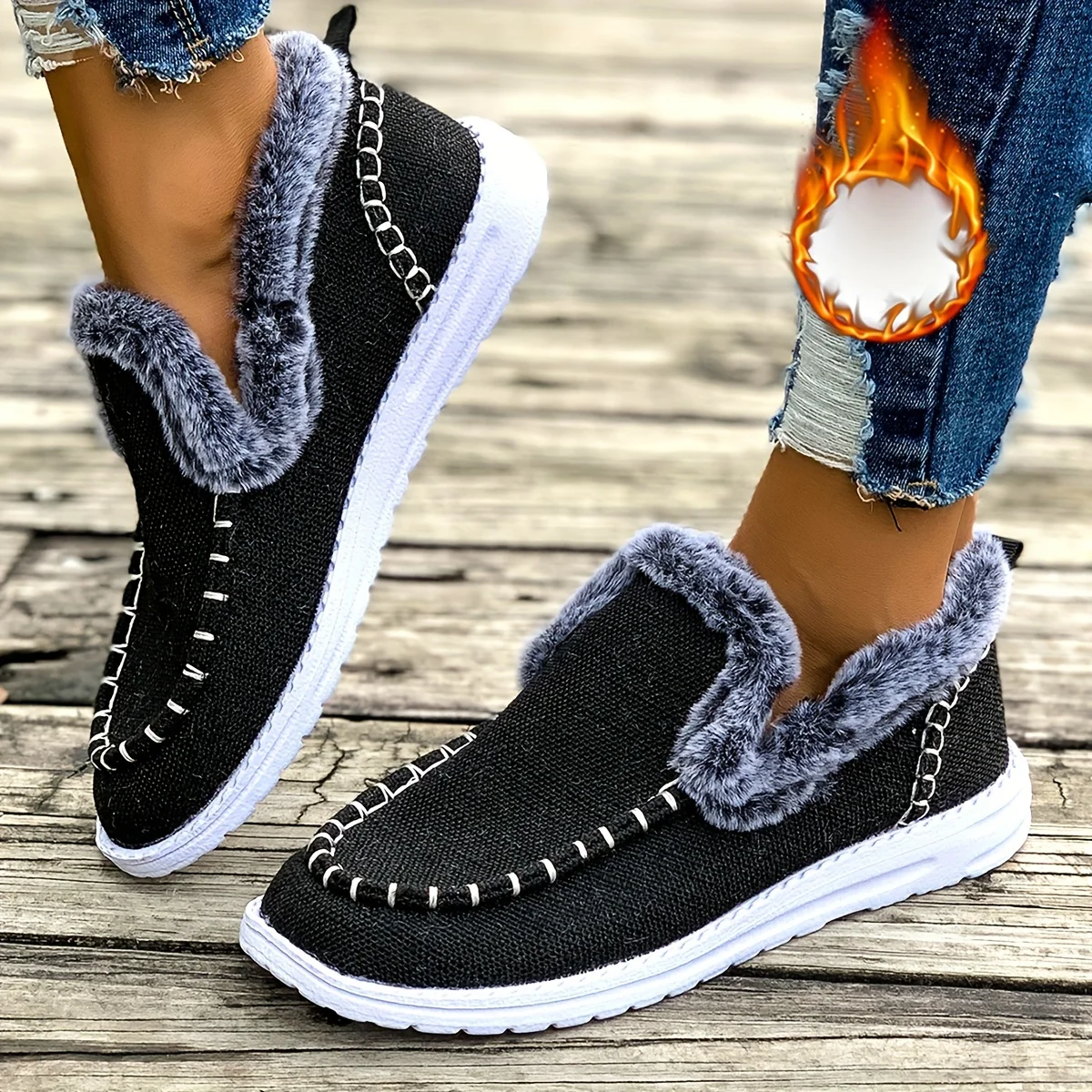 Botas nude de mujer con forro de felpa. | Botas de invierno cómodas para mujer, zapatos casuales, diseño de punta redonda, zapatos casuales de invierno