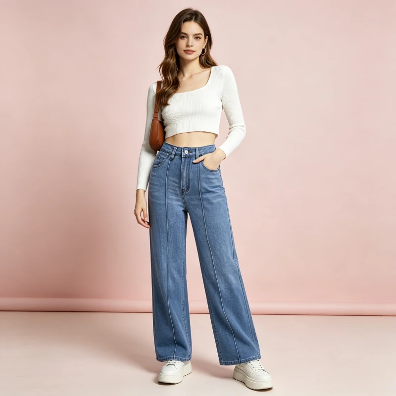 

Women Denim Pant Jeans High Waist Splice Vintage Washed Loose Work Wide Leg Long Pants Straight Trousers Y2k Streetwear 2026