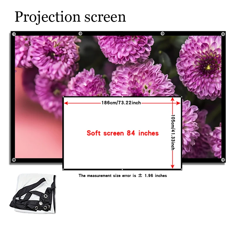 White projection screen 84 inches. Easy to install, no need to drill holes, equipped with hooks. Foldable and easy to carry.