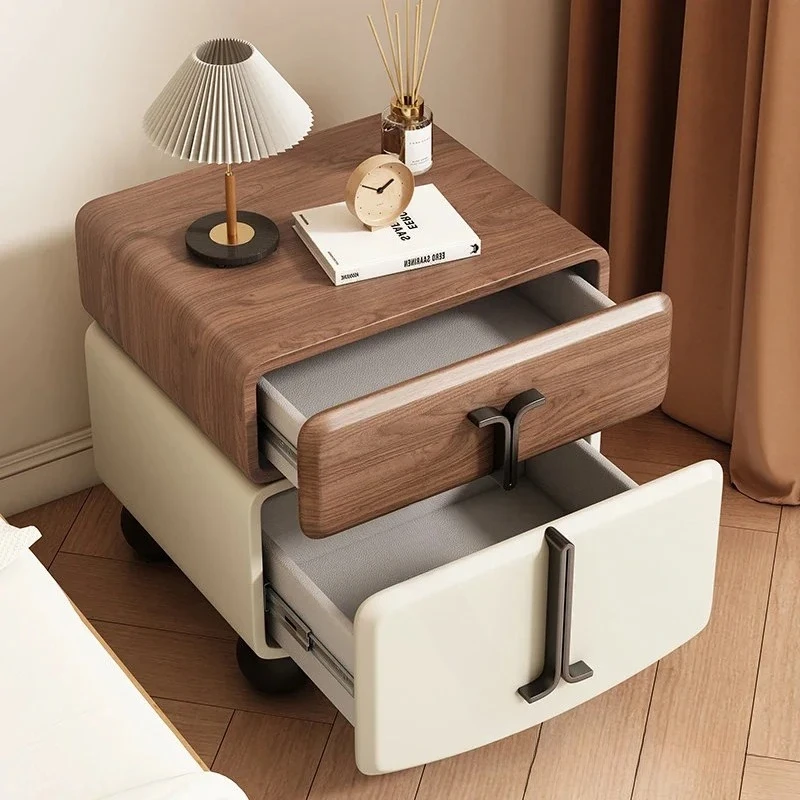 & Rotatable 2 Layer Solid Wood Nightstand Contemporary Cream Minimalist Bedside Cabinet Sleek Modern Storage Bedside Table Luxur