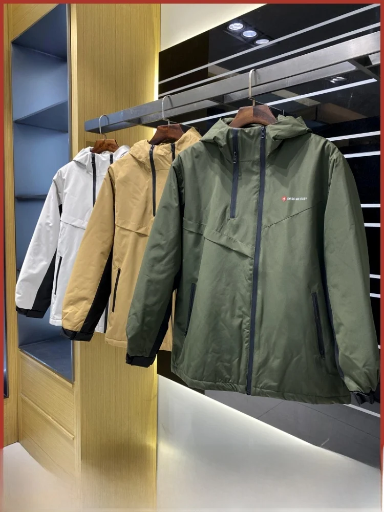 

Outdoor High-End Windproof Waterproof Men's Cotton Jaet Hooded Fce Lined Youth Faion Stand Fit Polyester Fabric