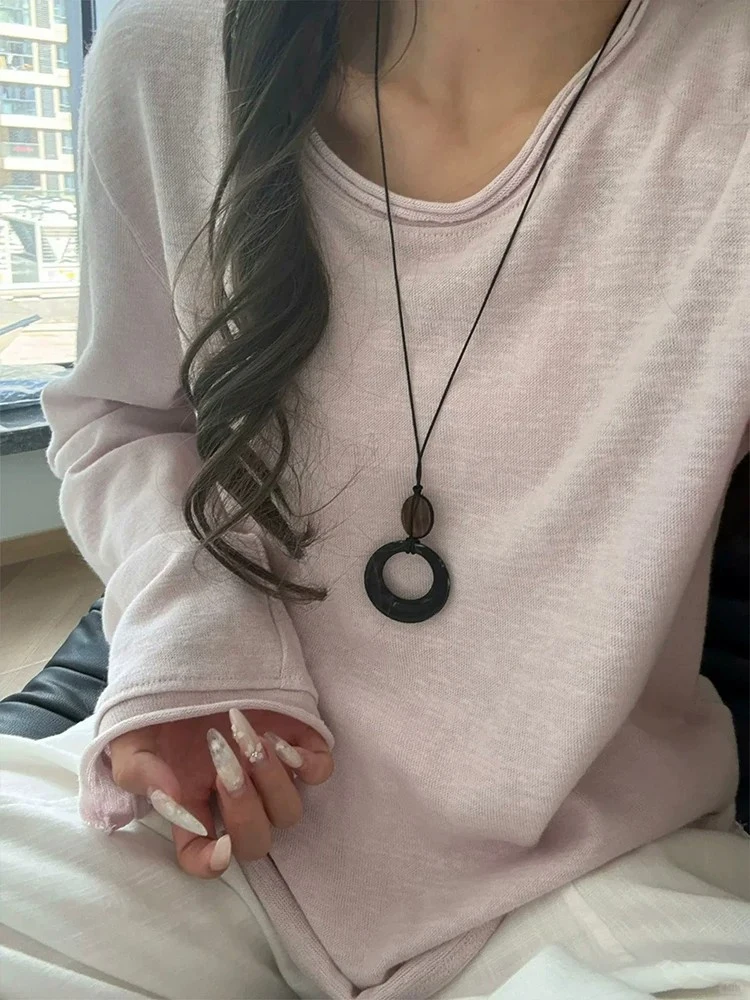 Pink Long Sleeve T-Shirt Breathable Casual Loose Fit Comfortable High Waist round Neck Moisture Wicking UV Protection Thin