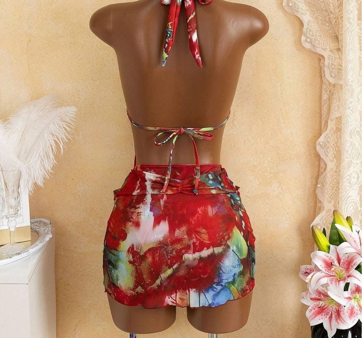 Abstract Print 3 Piece Bikini Set Women Tie Dye Halter Open Front Cover Up Mini Wrap Skirt Summer Beach Swimwear Bathing Suit