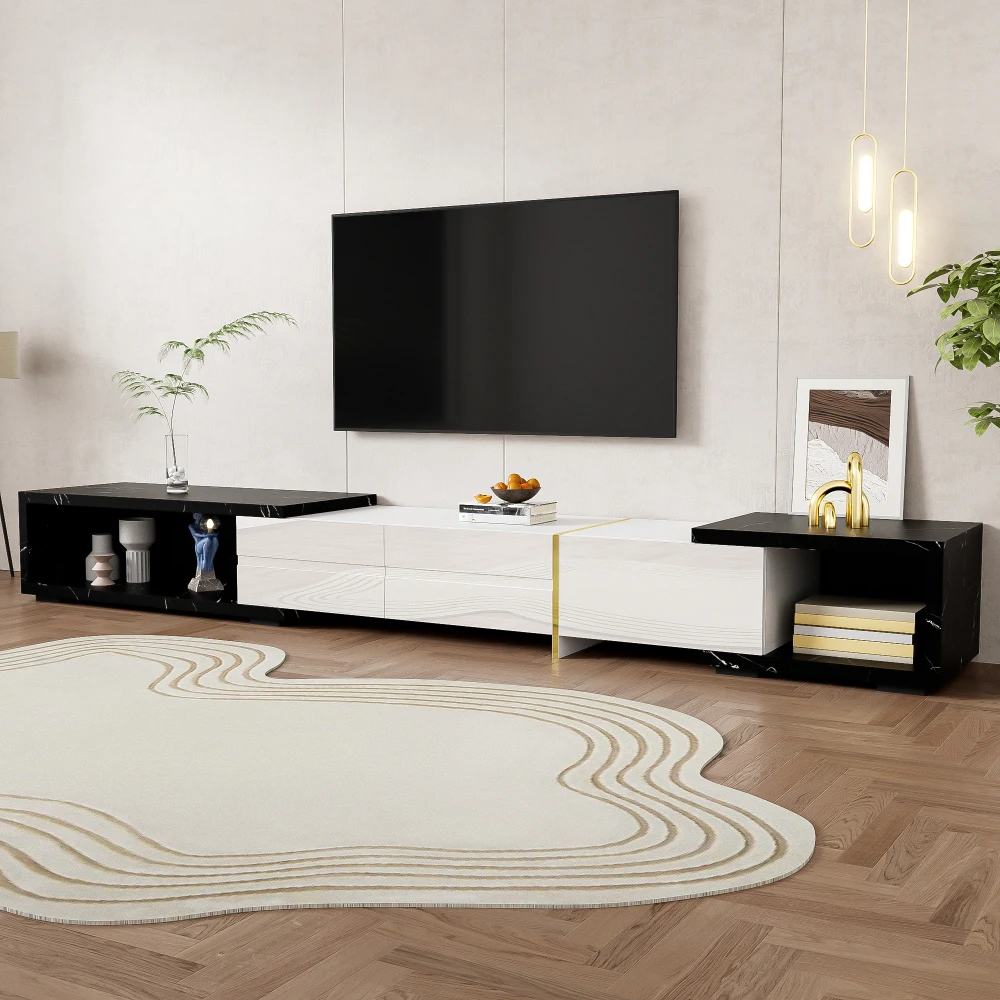 Moderner TV-Schrank mit variabler Länge (140–260 cm), drehbarer Funktion, weißes Hochglanz-Matt-Finish und goldenen Dekorationen – Detail 2