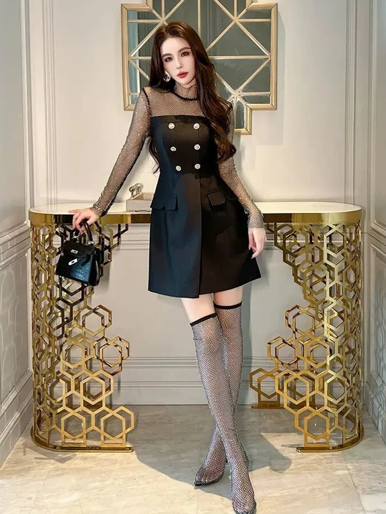 Moda donna lusso nero glitter abiti corti da sera abbigliamento donna sexy cava sottile mini abito da ballo Mujer abiti Fiesta