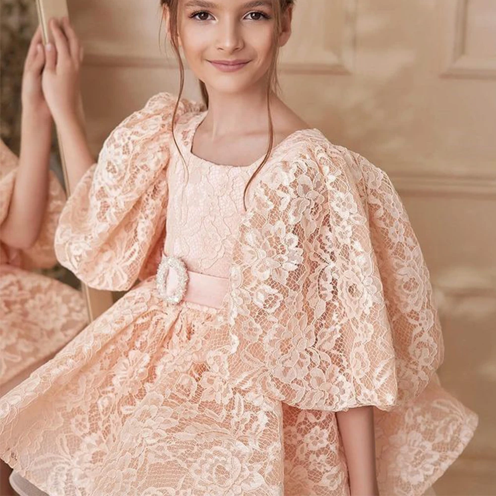 

Princess Sleeves Flower Girls Dress Square Collar Puffy Lace Mini Custom Made with Belt Gowns for Children Birthday Party