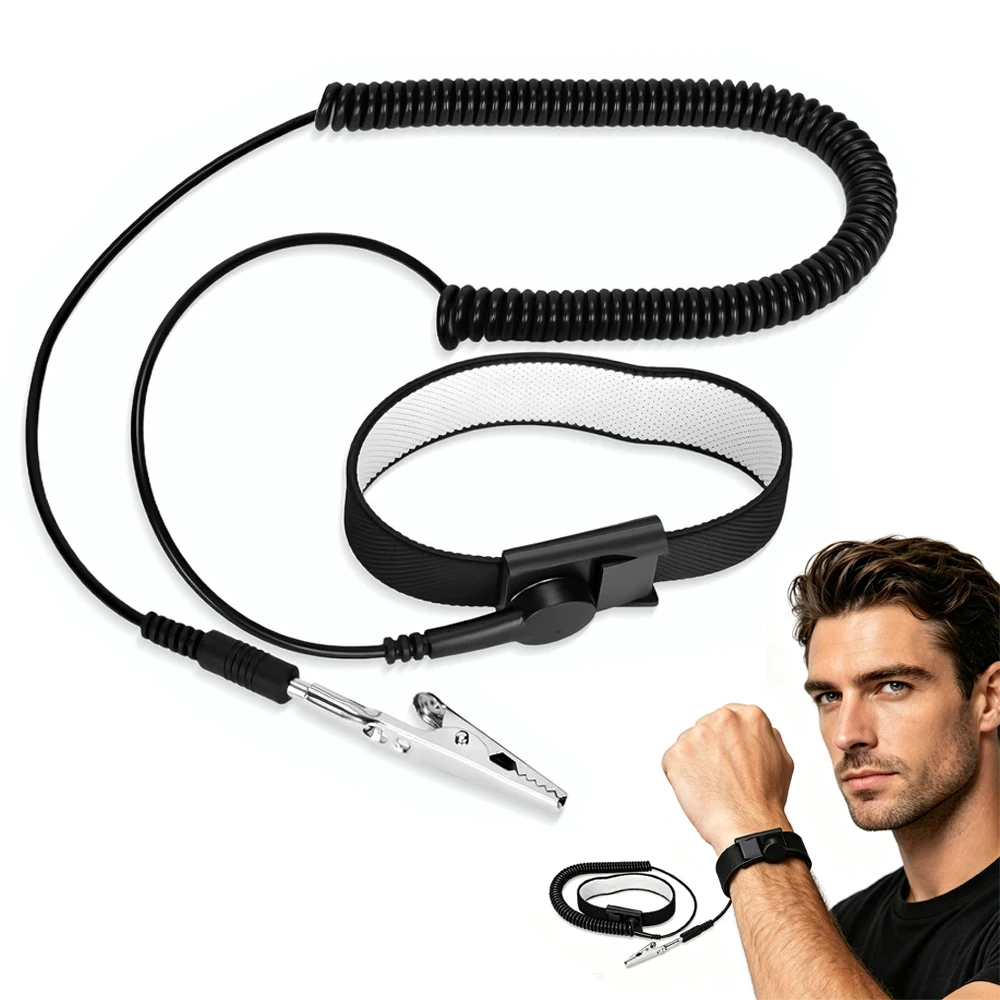 Anti Static Wrist Strap Adjustable Grounding Bracelet with Long Coiled Cord Alligator Clip ESD Professional Antistatic Wristband