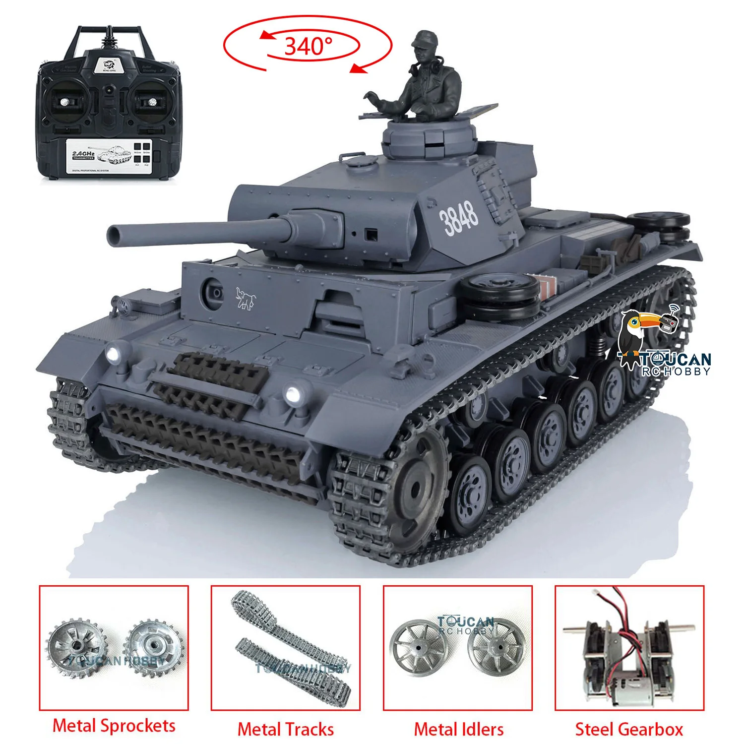 US Stock HENG LONG 1/16 7.0 Upgraded Metal Tracks RC Panzer III L RTR Radio Control Tank 3848 Remote Control Car TH17342