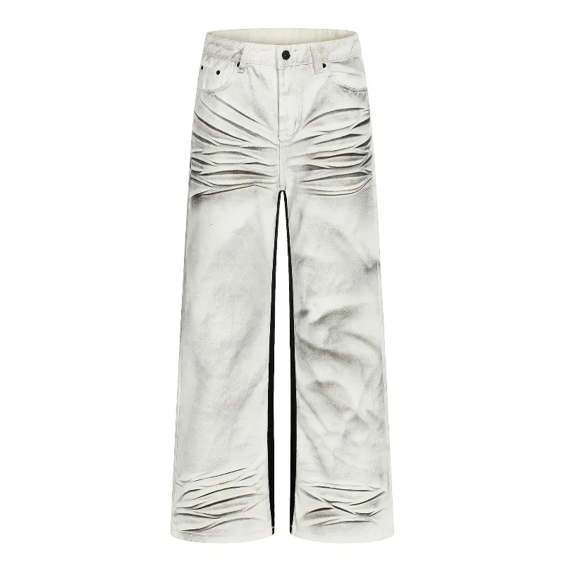

KIDWHXR Men Denim Pant New High Street Contrast Color Male Bootcut Jeans Ameroican Mid Waist Washed Versatile Man Trousers