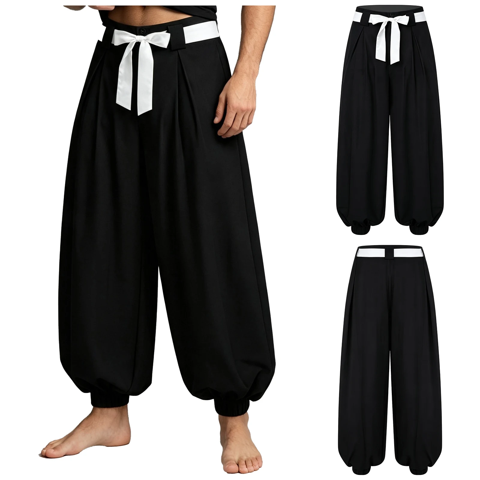 Men Arab Prince Costume Buttons Zipper Harem Pants Bloomers Trousers with Belt for Daily Life Halloween Theme Party Masquerade