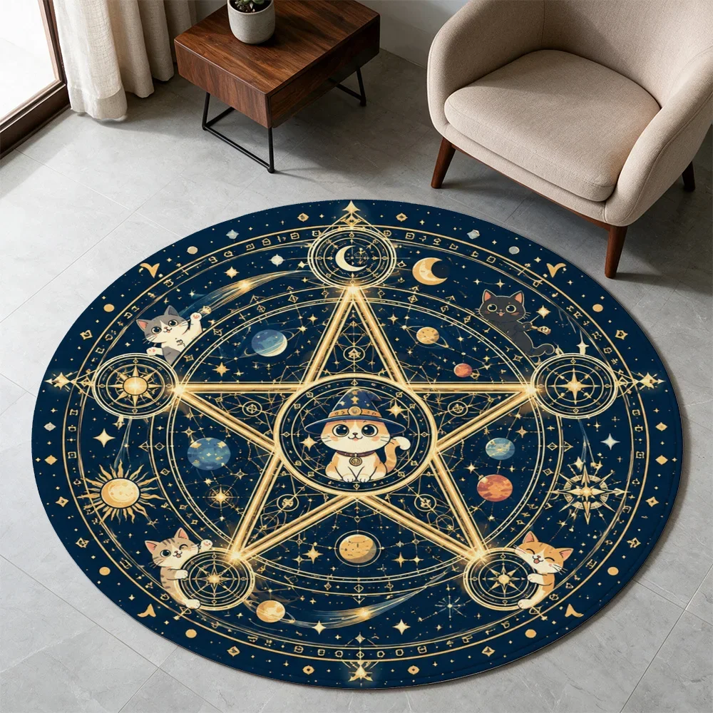 Celestial Astrology Zodiac Cat Constellation Floor Mat Round Area Rug Boho Witchy Starry Night Decor