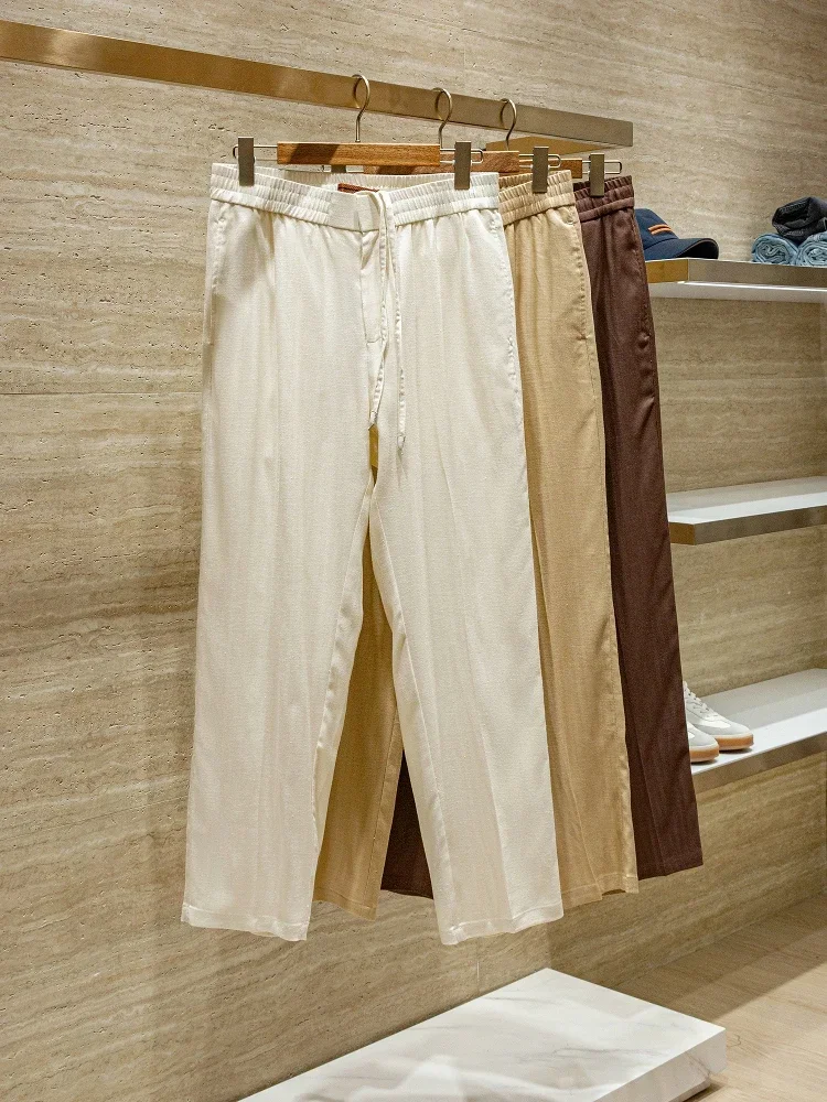 

ZZ Lyocell Hemp Blended Summer Drawstring Elastic Waist Straight Casual Pants