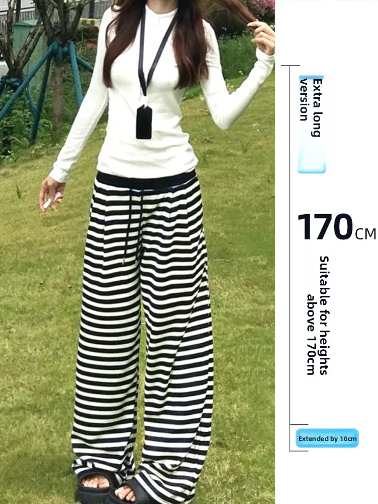 

Extended Length plus Size Korean Sle Casual Pants Women's Autumn Winter Thiened Loose Fit Dstring Wide Leg Striped Tro...