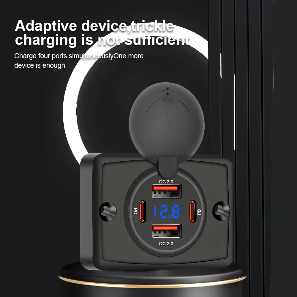 12V/24V RV Outlet QC3.0 USB 30W PD Type-C Fast Charger with Sliding Cap Waterproof Fast Charging Power Outlet for Boat Bus Truck