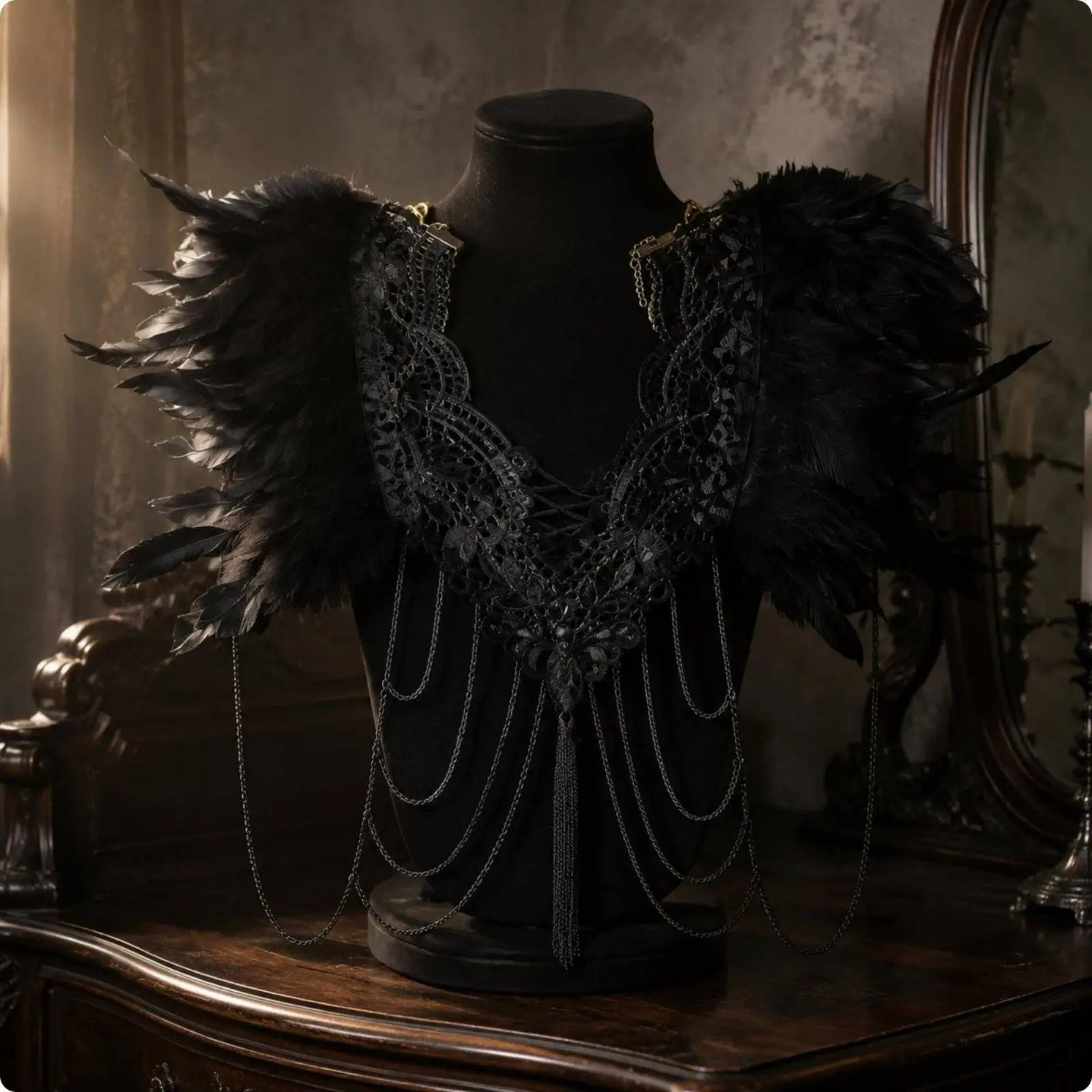 Lace Feather Shawl Gothic Feather Shoulder Cape Luxury Look Embroidered Party Cape for Masquerade, Halloween