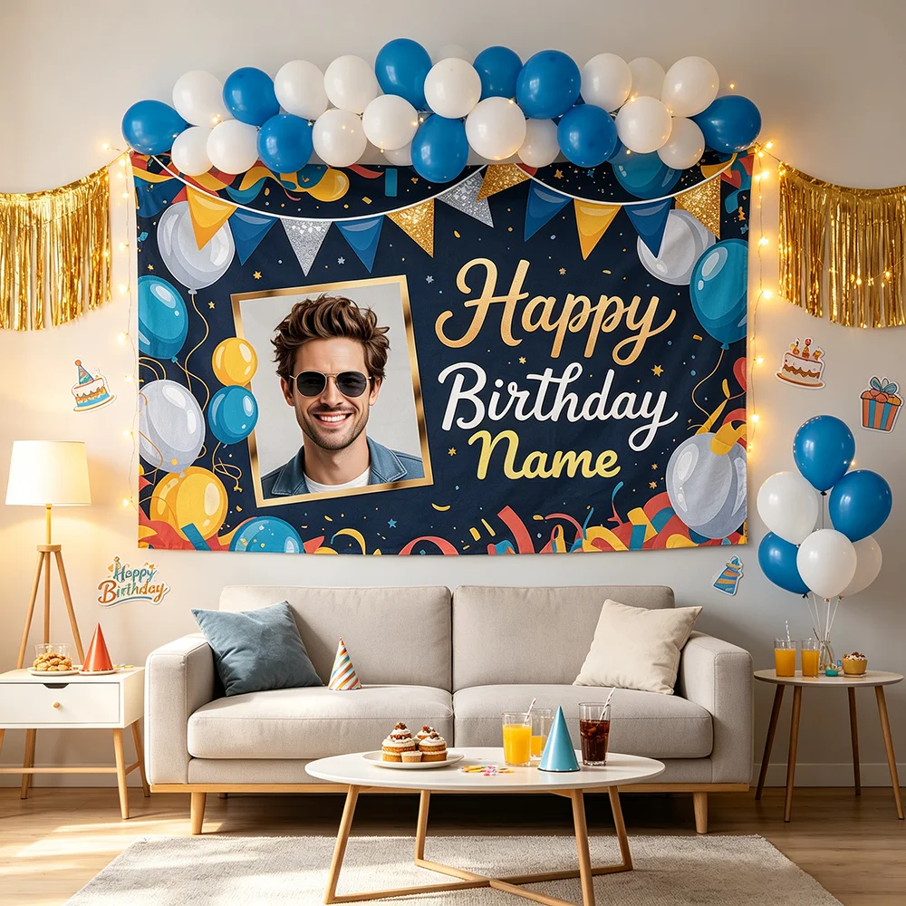 1PC Custom Happy Birthday Photo Tapestry Personalized Picture Name Balloon Flag Party Wall Hanging Bedroom Celebration Decor
