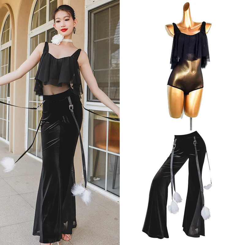 

Strap Tops Velvet Flared Wide Leg Pants Modern Dance Practice Outfit For Women Latin Dance Costumes Adult Stage Clothes DN18789