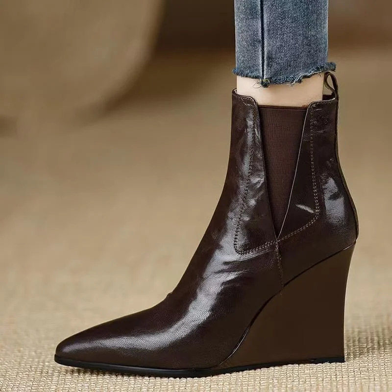 Wedge Heel Booties Fall New Pointed Toe Side Zipper Soft Sole Non-Slip Wear-Resistant High Heels
