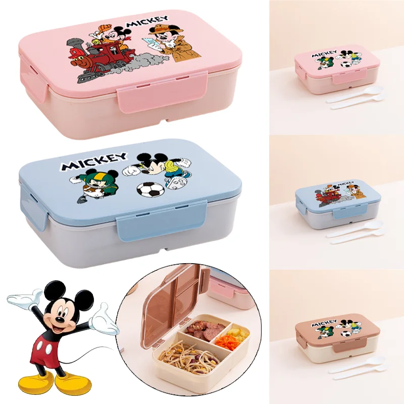 

Disney Mickey Lunch Box with Spoon Fork Cartoon Plastic Bento Box Student Portable Food Container School Camping Picnic Boxes