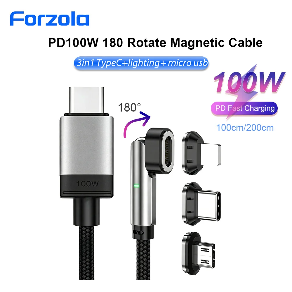 FORZOLA – câble magnétique rotatif PD100W, charge rapide pour Iphone Xiaomi, câble Micro USB, câble USBC pour téléphone portable
