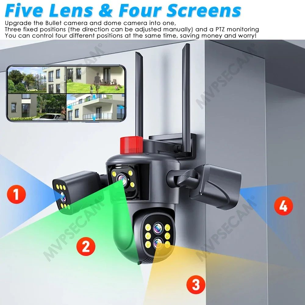 10K 20mp Outdoor Wireless Wifi Security Camera 10X Zoom Auto Tracking 8K PTZ 5 Lens 4 Screens IP CCTV Cam Waterproof