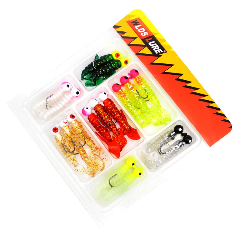 Fishing Lure Beginner Grub Soft Bait Single Tail Worm Jig Head 17 Pieces Kit Artificial Lures