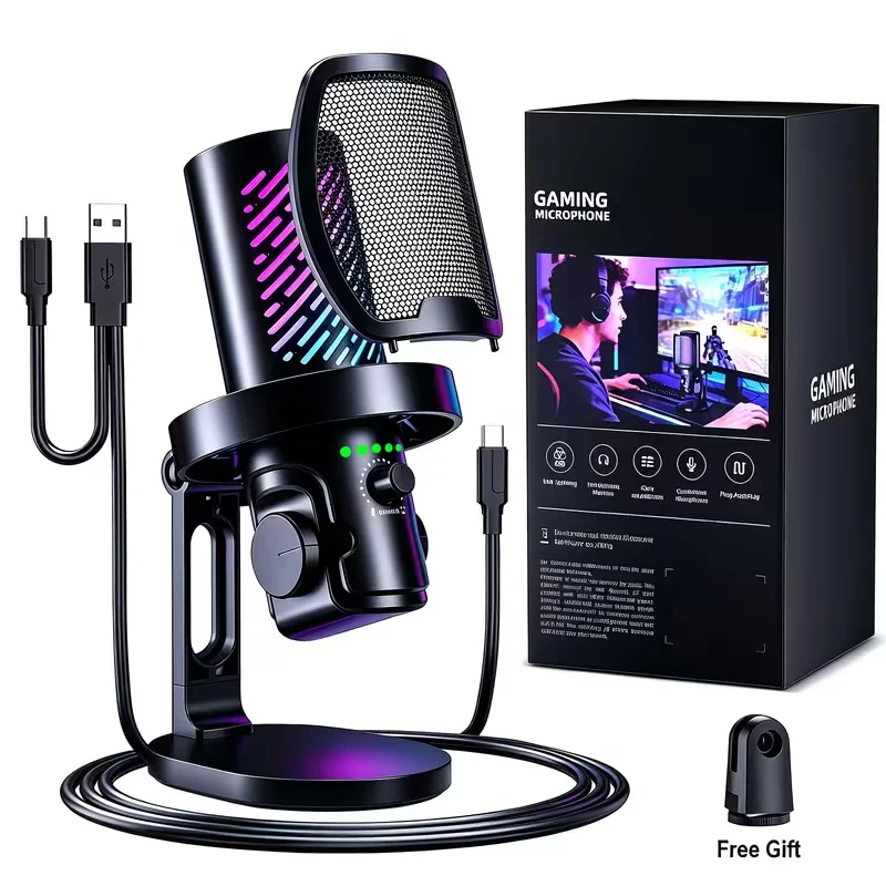 Microfone Gamer USB RGB Tenlamp para PC, Mac, PS4, PS5, Microfone Condensador Profissional com Controle de Ganho e Entrada para Fone de Ouvido, Microfone com Cancelamento de Ruído para Streaming, Gravação de Podcast, YouTube, Desktop e Laptop