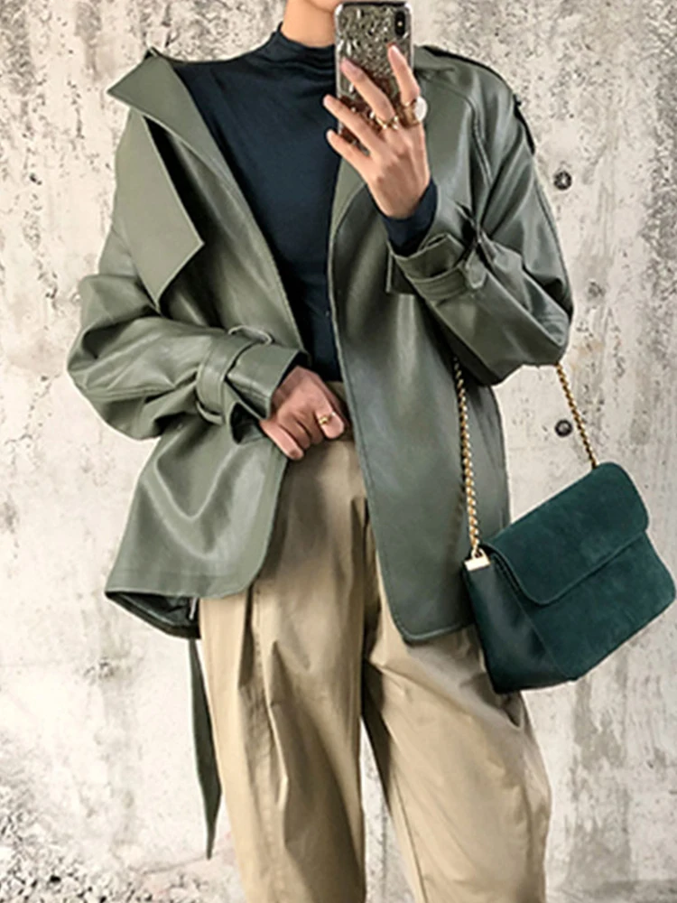 FTLZZ New Spring Autumn Women Faux PU Leather Casual Streetwear Outwear Motorcycle Leather Jacket with Belt Green Biker Coat