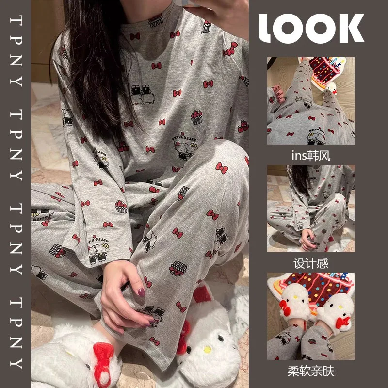 

Комплект пижам Hello Kitty, хлопковая женская домашняя одежда, весенне-осенняя свободная одежда с круглым вырезом, повседневная простая одежда с длинными рукавами и длинными брюками, милая одежда с мультяшным рисунком