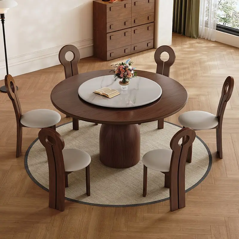 

Antique rock slab round table dining table turntable small apartment household round simple dining table retro solid wood dining