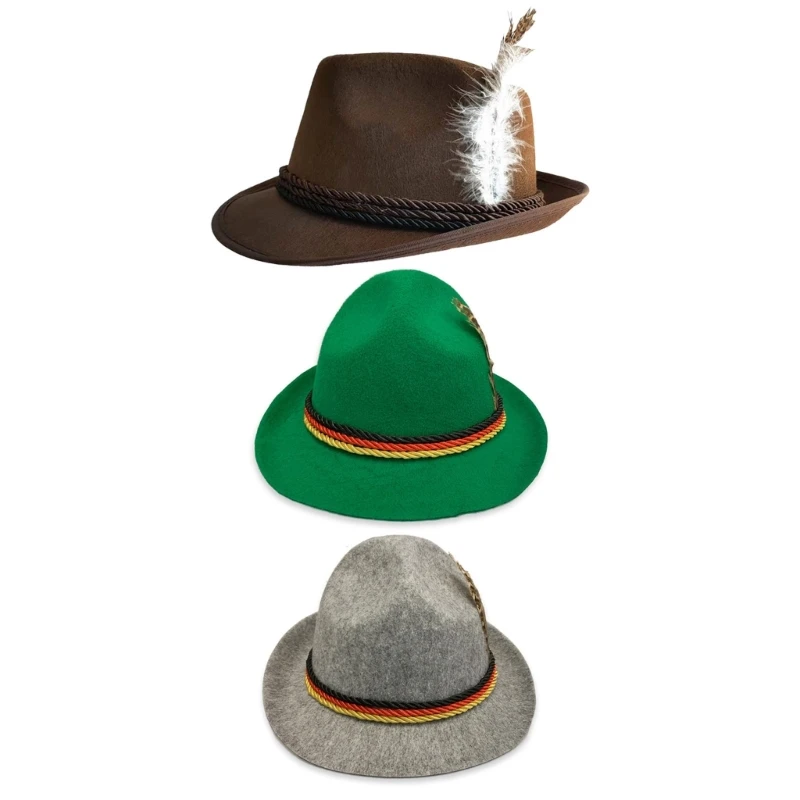 Fashion Western Felt Fedora Hat Wide Feather Octoberfest German Jazzs Hat DXAA