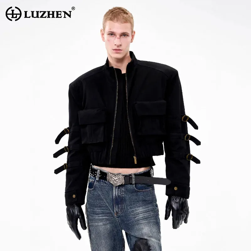 

LUZHEN 2025 Autumn Trendy Sleeve Belt Decorate Short Jacket Stand Neck Solid Color Zipper Personalized Street Male Coat JY4602