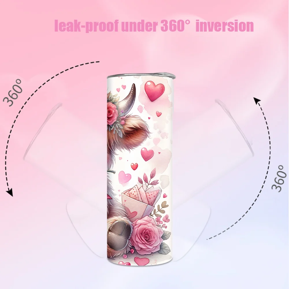 1pc 20oz straw water bottle, insulated stainless steel water cup with a cow wearing a wreath, rose, and heart pattern. view 6