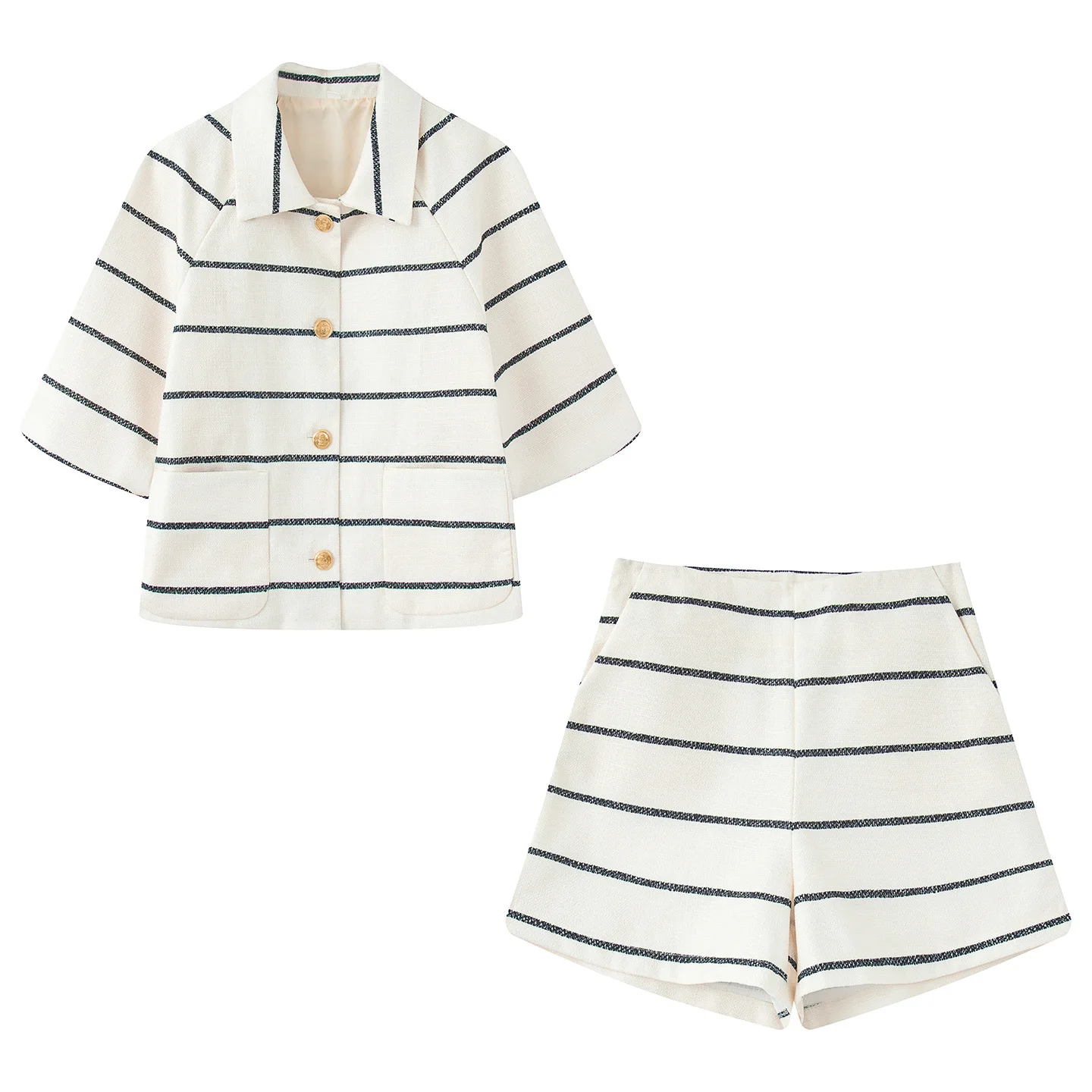Casual Striped Women Shorts Set Lapel Single Breasted Half Sleeve Tops Pockets Mini Shorts Outfit 2025 Summer Fashion Lady Sets