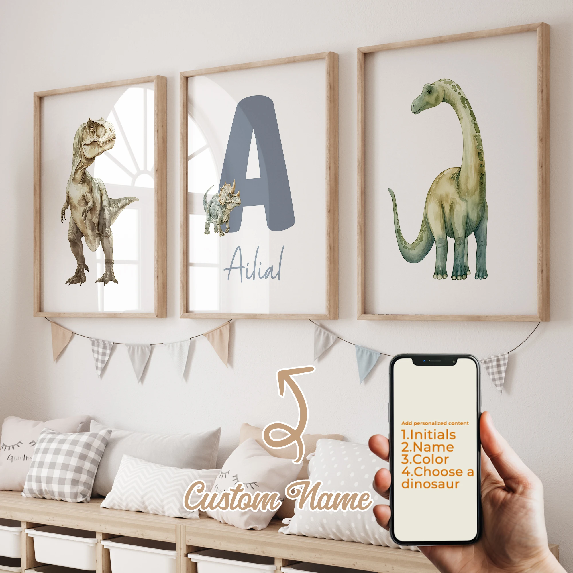

3pcs Personalized Custom Name Cute Cartoon Animal Dinosaur Wall Art Print Picture For Living Room Kids Boy Room Home Decor Gift